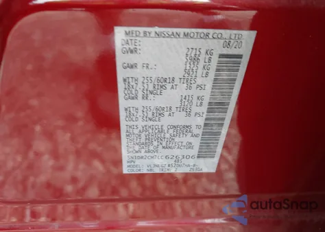 2020 Nissan Pathfinder Sl 4Wd z USA, uszkodzony, nr VIN 5N1DR2CM7LC626306